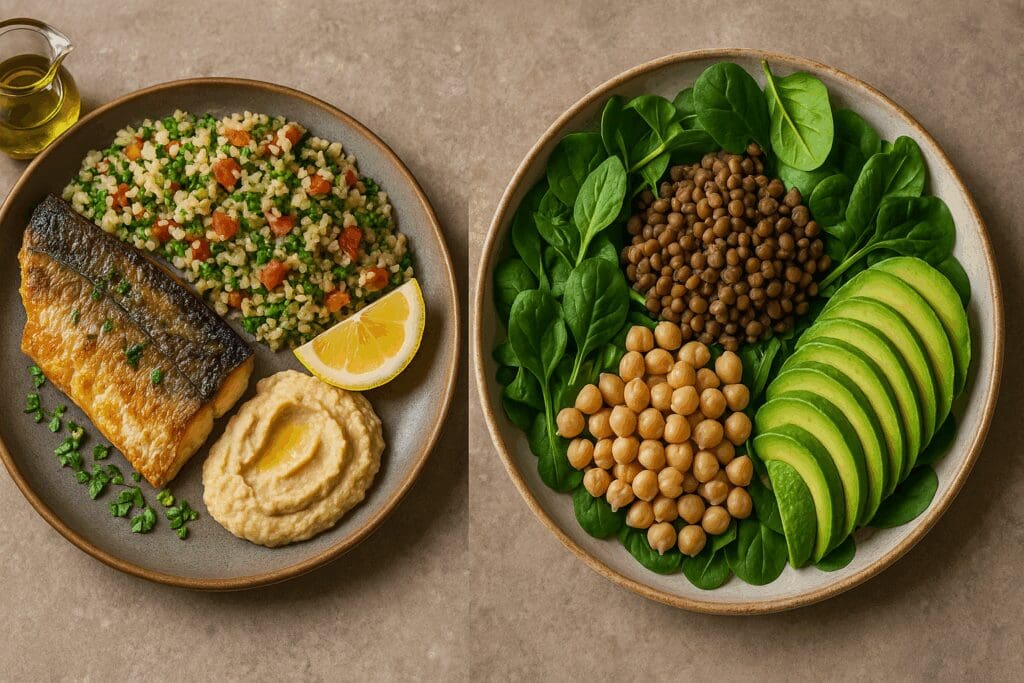 Side-by-side meals highlighting the green med diet with lentils, chickpeas, avocado, and a traditional Mediterranean plate with fish and grains.

