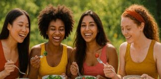 10 Essential Nutrition Rules to Follow for a Healthy Diet for Women in 20s Diverse group of women in their 20s enjoying a healthy diet with fresh fruits, vegetables, and grains at an outdoor garden meal.
