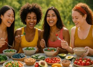 Diverse group of women in their 20s enjoying a healthy diet with fresh fruits, vegetables, and grains at an outdoor garden meal.