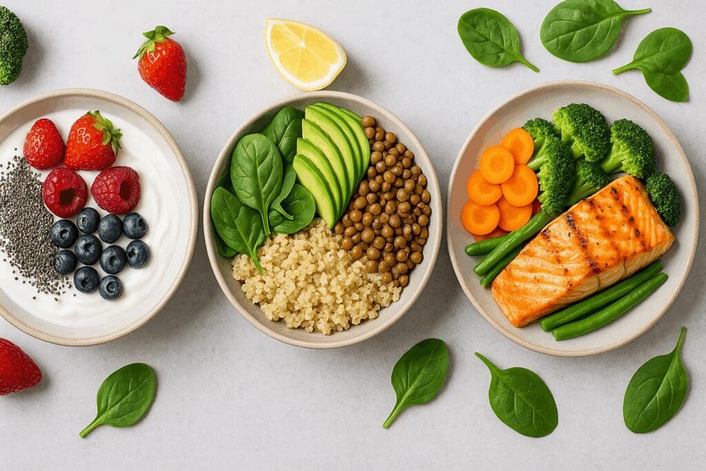 High-protein meal prep for a healthy diet for women in 20s with Greek yogurt and berries, lentil quinoa bowl, and grilled salmon with vegetables.