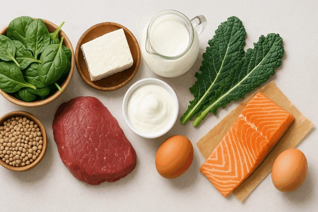 Iron-, calcium-, and vitamin D-rich foods like spinach, lentils, salmon, eggs, and dairy arranged to support a healthy diet for women in 20s