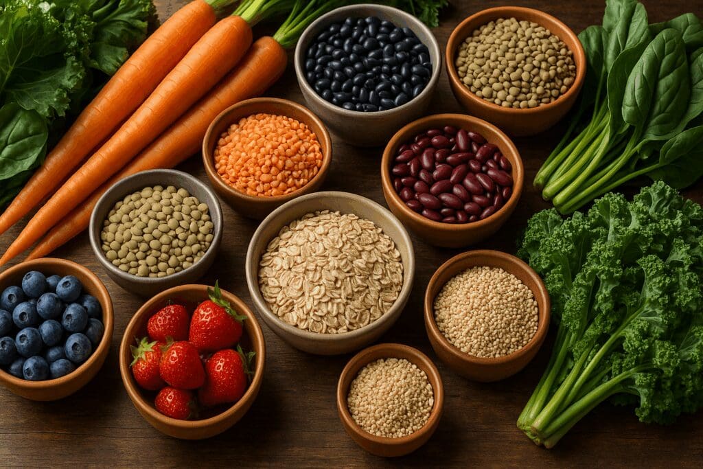 Colorful display of fiber-rich foods like berries, lentils, leafy greens, and oats, supporting a healthy diet for women in 20s.