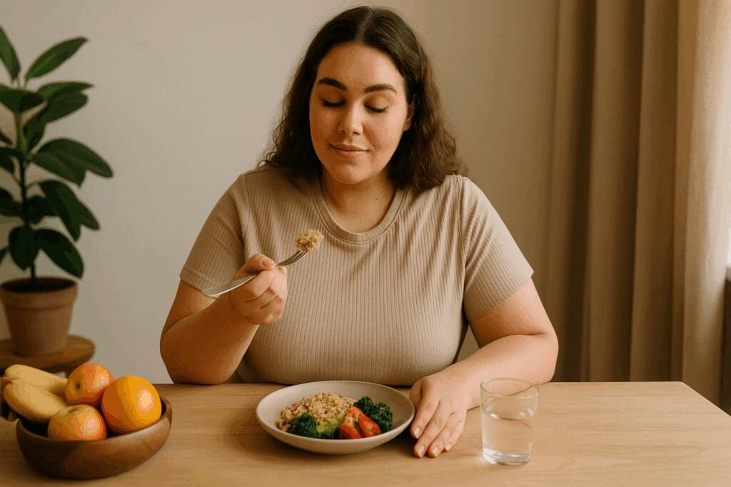 Young woman in her 20s practicing mindful eating at a cozy table, embodying a healthy diet for women in 20s.