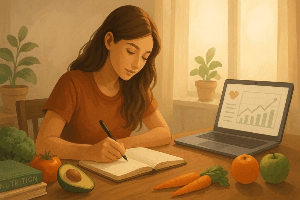 Young woman journaling at a desk with fresh produce, nutrition books, and a health chart, symbolizing a healthy diet for women in 20s