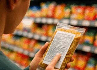 Person closely examining a packaged snack’s nutrition label in a brightly lit grocery store aisle