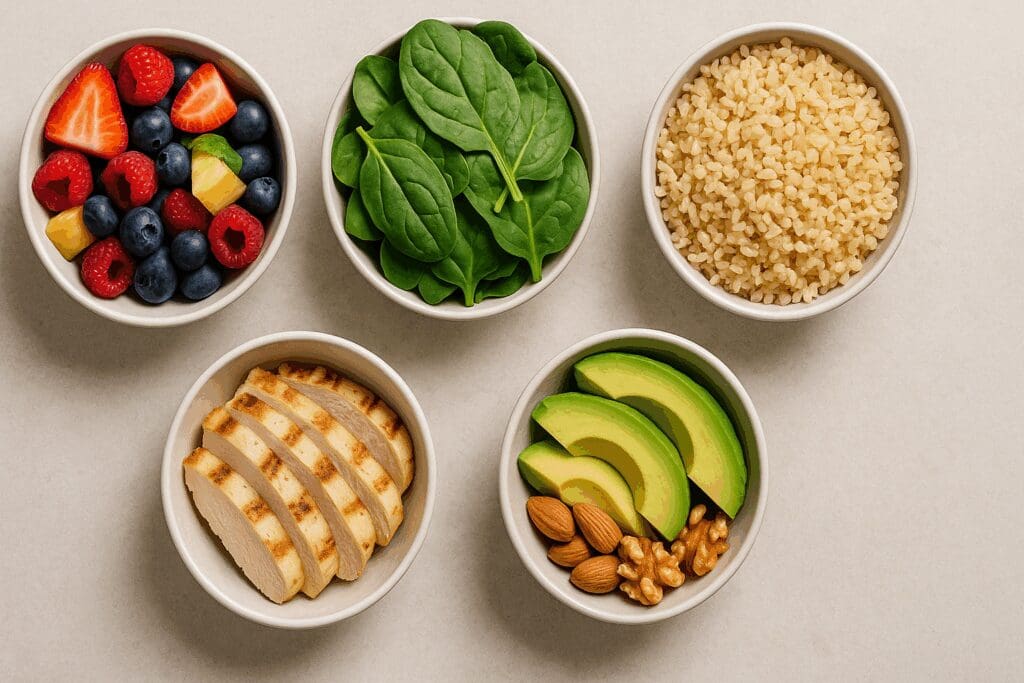 Top-down view of a balanced plate of food with bowls of fresh fruit, leafy greens, brown rice, grilled chicken, avocado slices, and mixed nuts.