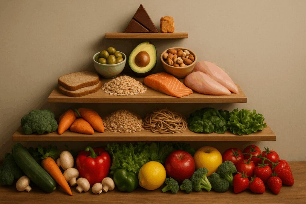 Layered wooden shelf arranged like a food pyramid with a plate of food showing fruits, vegetables, whole grains, proteins, and sweets.
