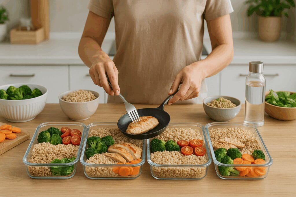 Person preparing a plate of food with brown rice, broccoli, carrots, and grilled chicken in a clean, organized kitchen.