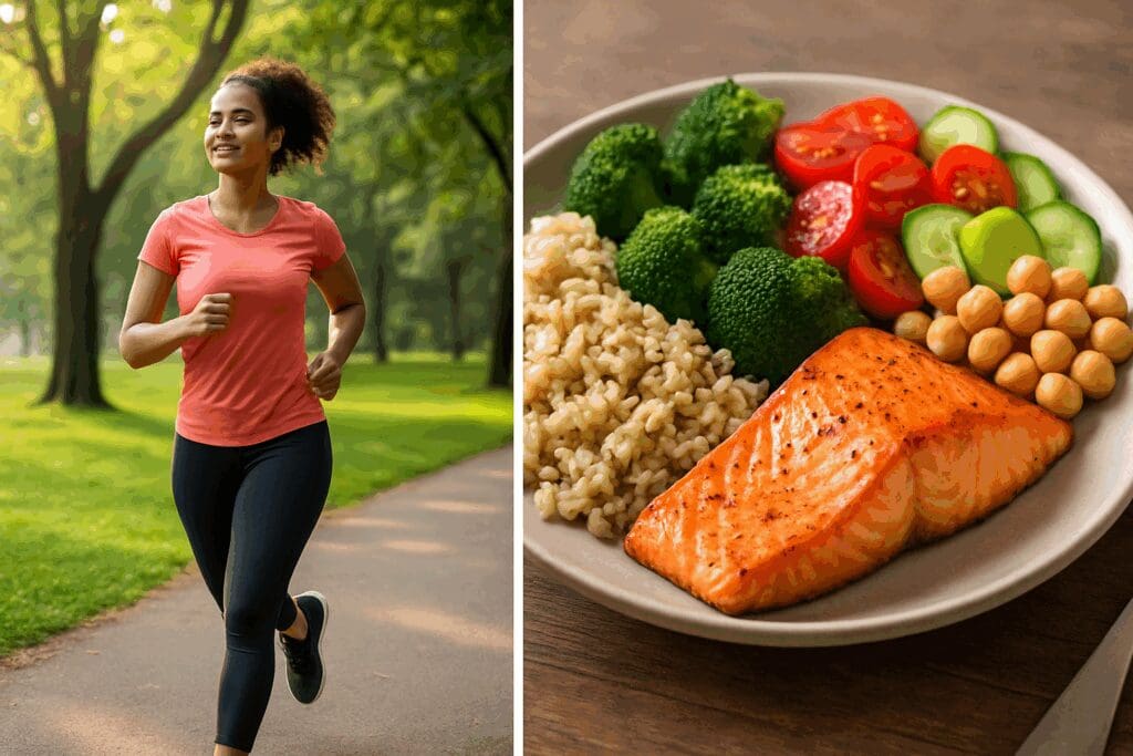 Split image showing a woman jogging in a park beside a plate of food with salmon, brown rice, broccoli, chickpeas, and sliced vegetables.
