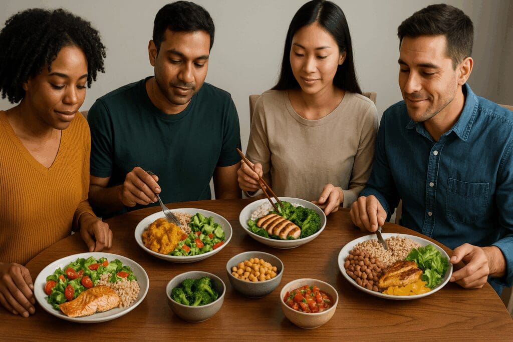 Multicultural group enjoying a healthy plate of food from diverse cuisines including Mediterranean, Indian, East Asian, and Latin American meals.