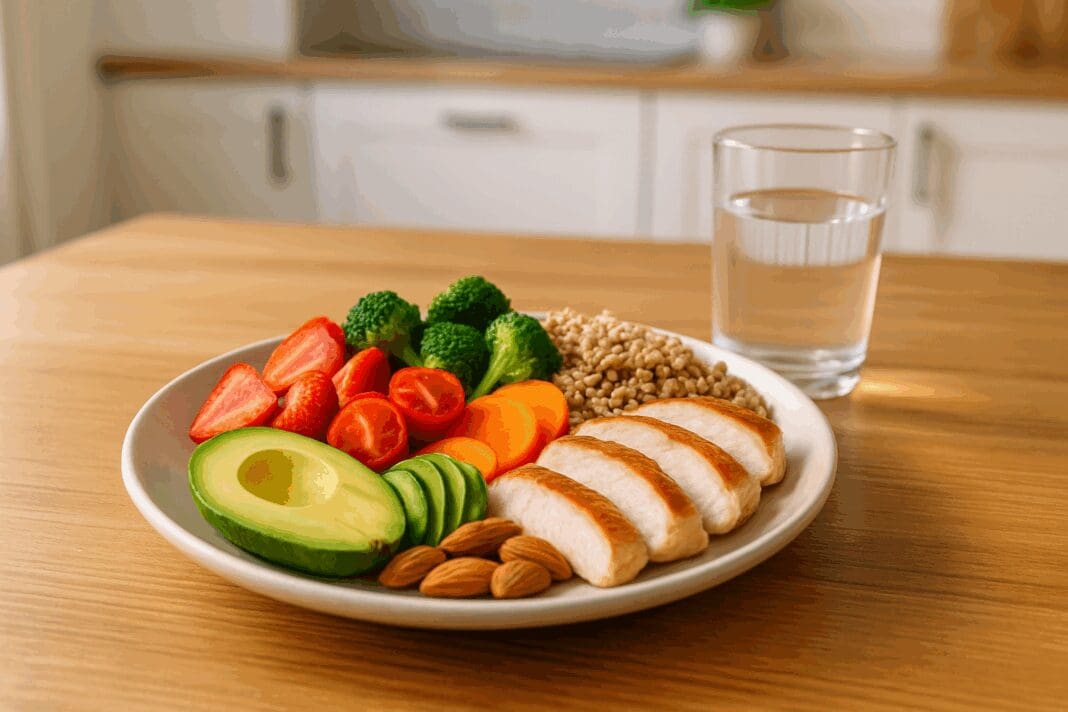 Colorful plate of food with grilled chicken, avocado, almonds, fresh fruits, vegetables, and whole grains on a wooden table in a bright kitchen.