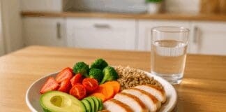 Colorful plate of food with grilled chicken, avocado, almonds, fresh fruits, vegetables, and whole grains on a wooden table in a bright kitchen.