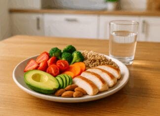Colorful plate of food with grilled chicken, avocado, almonds, fresh fruits, vegetables, and whole grains on a wooden table in a bright kitchen.