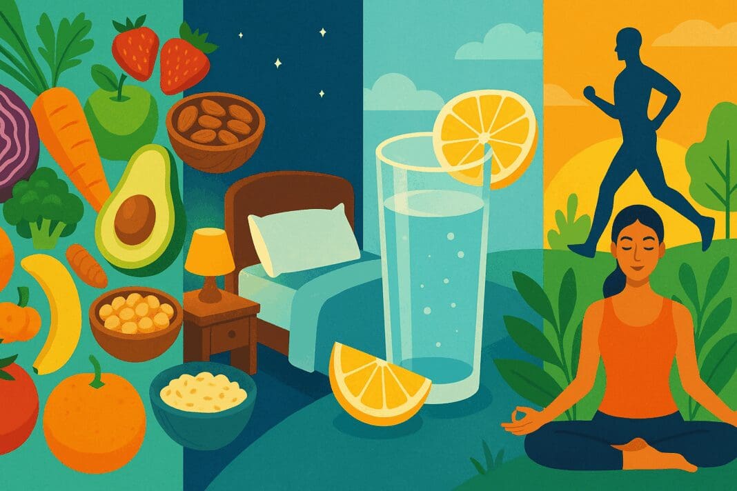 Collage illustrating health and wellness tips with fresh fruits and vegetables, a cozy bed, lemon water, jogging silhouette, and meditation in nature.