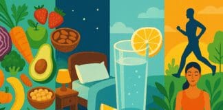 10 Essential Health and Wellness Tips to Transform Your Diet and Daily Habits Collage illustrating health and wellness tips with fresh fruits and vegetables, a cozy bed, lemon water, jogging silhouette, and meditation in nature.