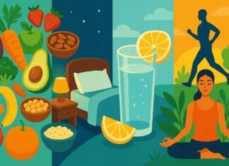 Collage illustrating health and wellness tips with fresh fruits and vegetables, a cozy bed, lemon water, jogging silhouette, and meditation in nature.