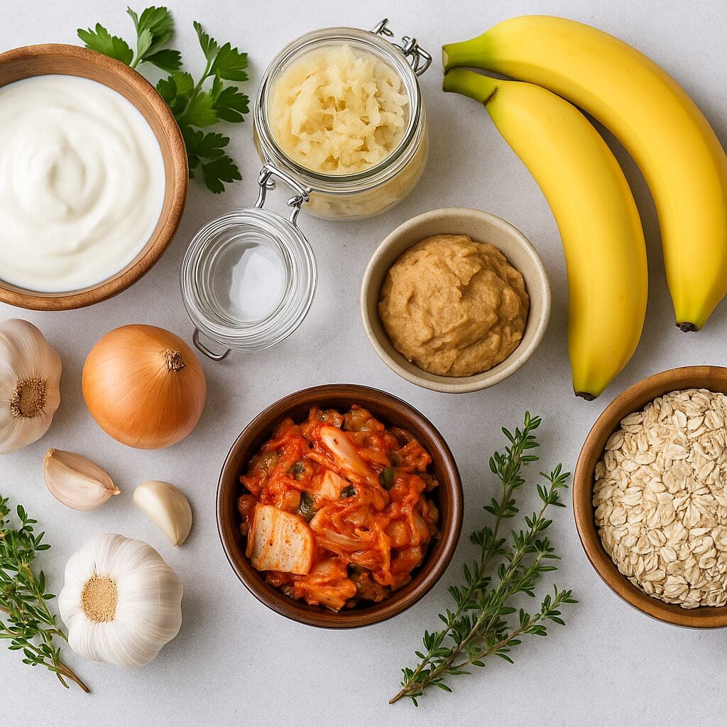 Gut-friendly foods like yogurt, kimchi, bananas, and oats on a kitchen counter illustrating health and wellness tips.