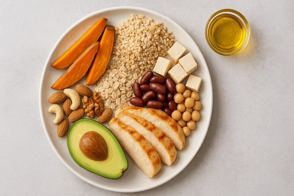 Balanced meal plate with sweet potatoes, quinoa, chicken, tofu, legumes, avocado, and nuts for health and wellness tips on macronutrient intake.
