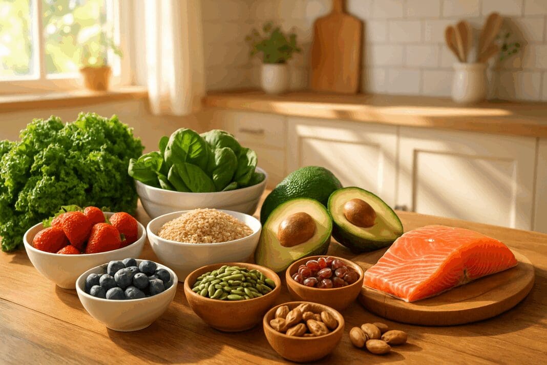 Colorful whole foods like leafy greens, berries, salmon, and grains on a sunlit kitchen table promoting healthy eating habits