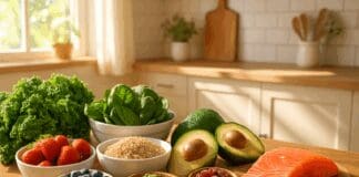 Transform Your Health with These Proven Eating Habits for Long-Term Wellness Colorful whole foods like leafy greens, berries, salmon, and grains on a sunlit kitchen table promoting healthy eating habits