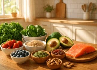 Colorful whole foods like leafy greens, berries, salmon, and grains on a sunlit kitchen table promoting healthy eating habits