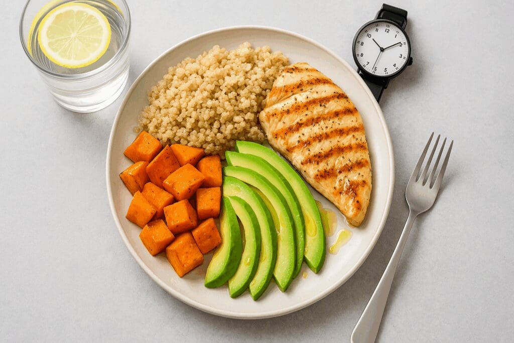 Grilled chicken with quinoa, sweet potatoes, avocado, and lemon water on a plate symbolizing healthy eating habits and meal timing.