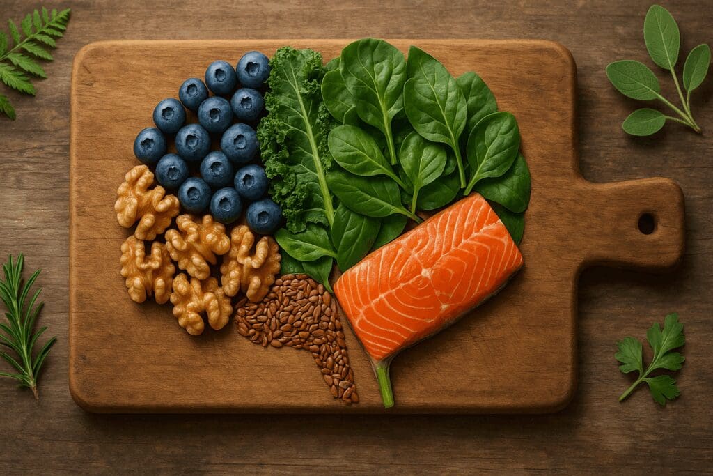 Brain-shaped arrangement of salmon, leafy greens, blueberries, walnuts, and flaxseeds on a wooden board symbolizing healthy eating habits for mental wellness.