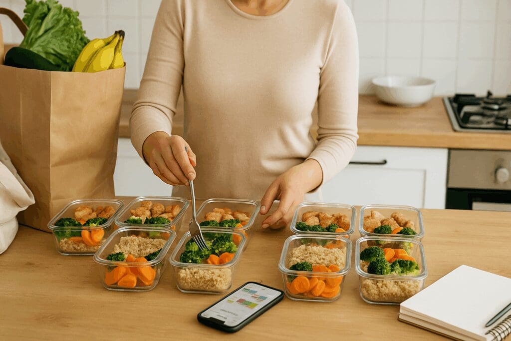 Meal prep scene with organized containers of grains, vegetables, and proteins, supporting healthy eating habits in a home kitchen.