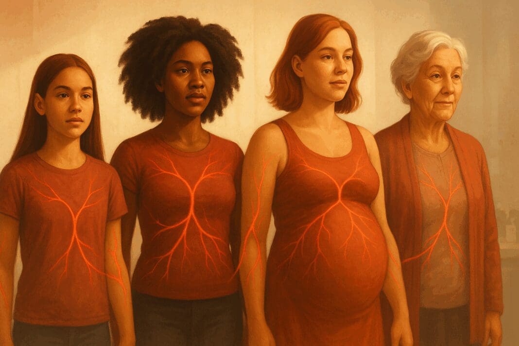 Diverse women of different life stages linked by glowing red veins, symbolizing healthy blood flow and the normal range for iron in women