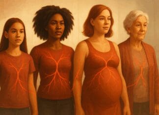Diverse women of different life stages linked by glowing red veins, symbolizing healthy blood flow and the normal range for iron in women