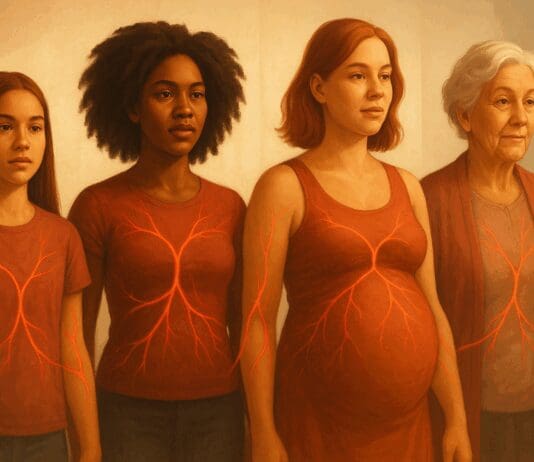 Diverse women of different life stages linked by glowing red veins, symbolizing healthy blood flow and the normal range for iron in women