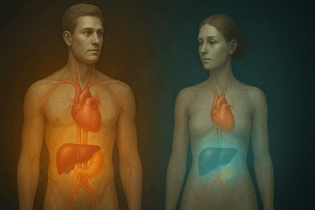 Side-by-side anatomical illustration of a man and woman showing heart, liver, and vessels with aura effects to compare average iron levels, highlighting the normal range for iron in women.