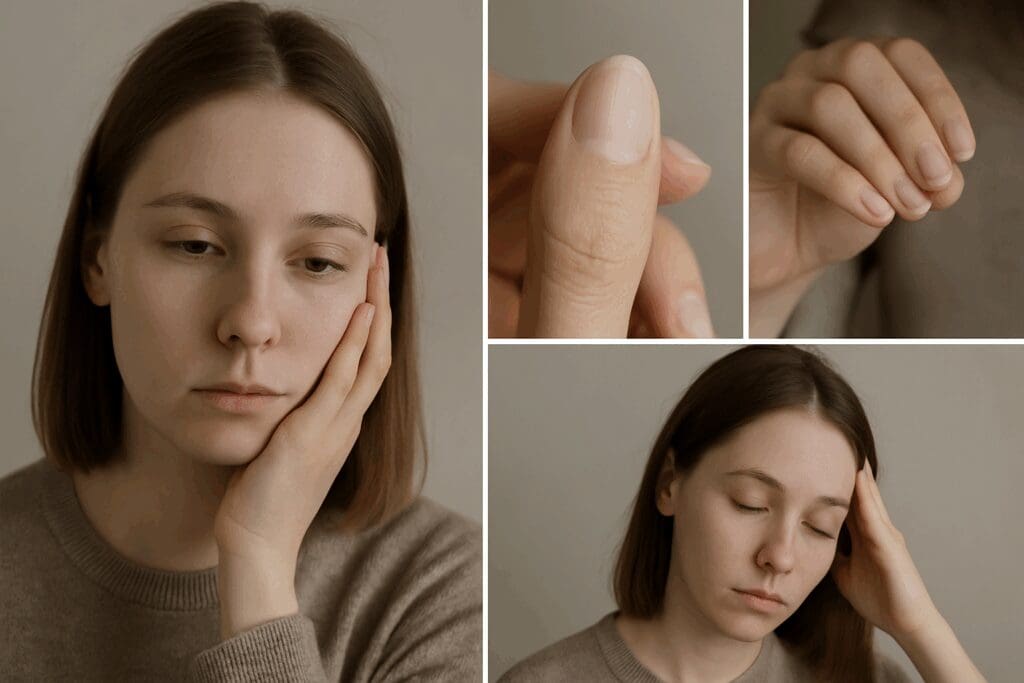 Woman with pale skin, brittle nails, thinning hair, and fatigue—common signs outside the normal range for iron in women.