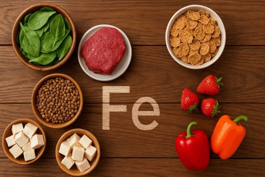 Iron-rich foods like red meat, spinach, lentils, tofu, strawberries, bell peppers, and fortified cereal arranged to illustrate the normal range for iron in women.