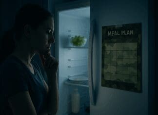 Woman contemplating in front of an open fridge at night with a camouflage meal plan, reflecting on how i did the military diet for a month.