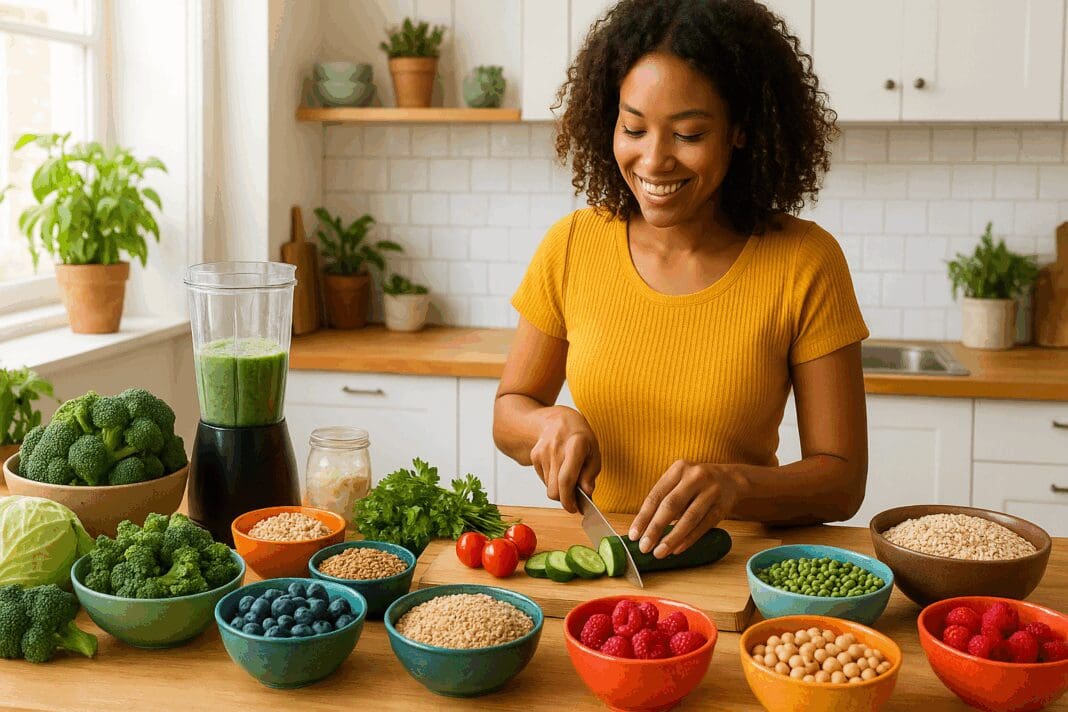 Woman preparing a high fiber diet meal plan with leafy greens, oats, legumes, berries, and whole grains in a bright modern kitchen.