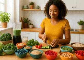 The Ultimate High Fiber Diet Meal Plan for Sustainable Energy and Gut Health Woman preparing a high fiber diet meal plan with leafy greens, oats, legumes, berries, and whole grains in a bright modern kitchen.