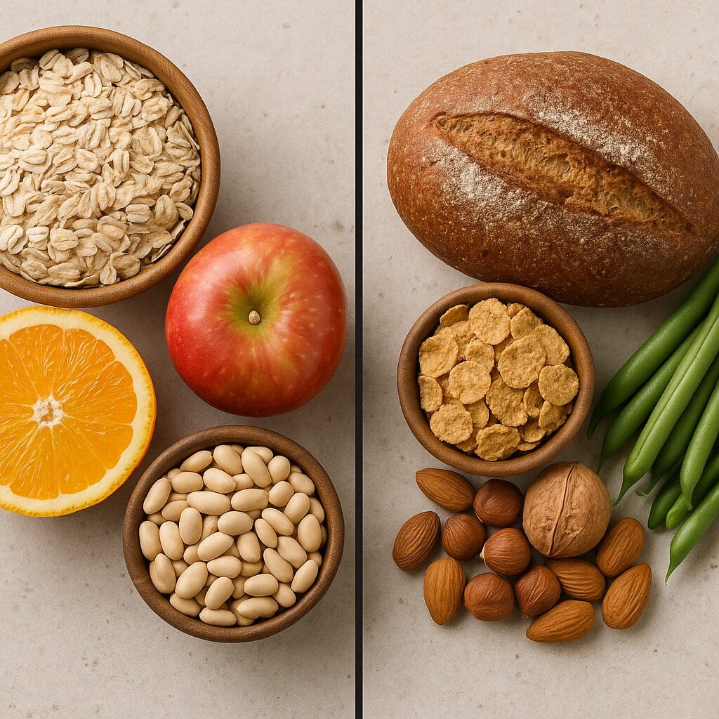 Split image of a high fiber diet meal plan showing soluble fiber foods like oats, apples, and beans on the left, and insoluble fiber foods like whole wheat bread, nuts, and green beans on the right.