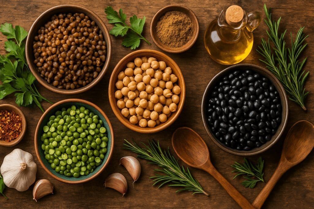 Cooked lentils, chickpeas, black beans, and split peas with herbs and olive oil on a rustic table, illustrating a high fiber diet meal plan.