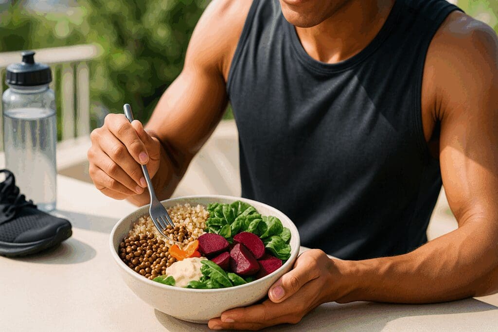 Athletic person enjoying a high fiber diet meal plan with quinoa, lentils, beets, and greens on a sunny patio after a workout