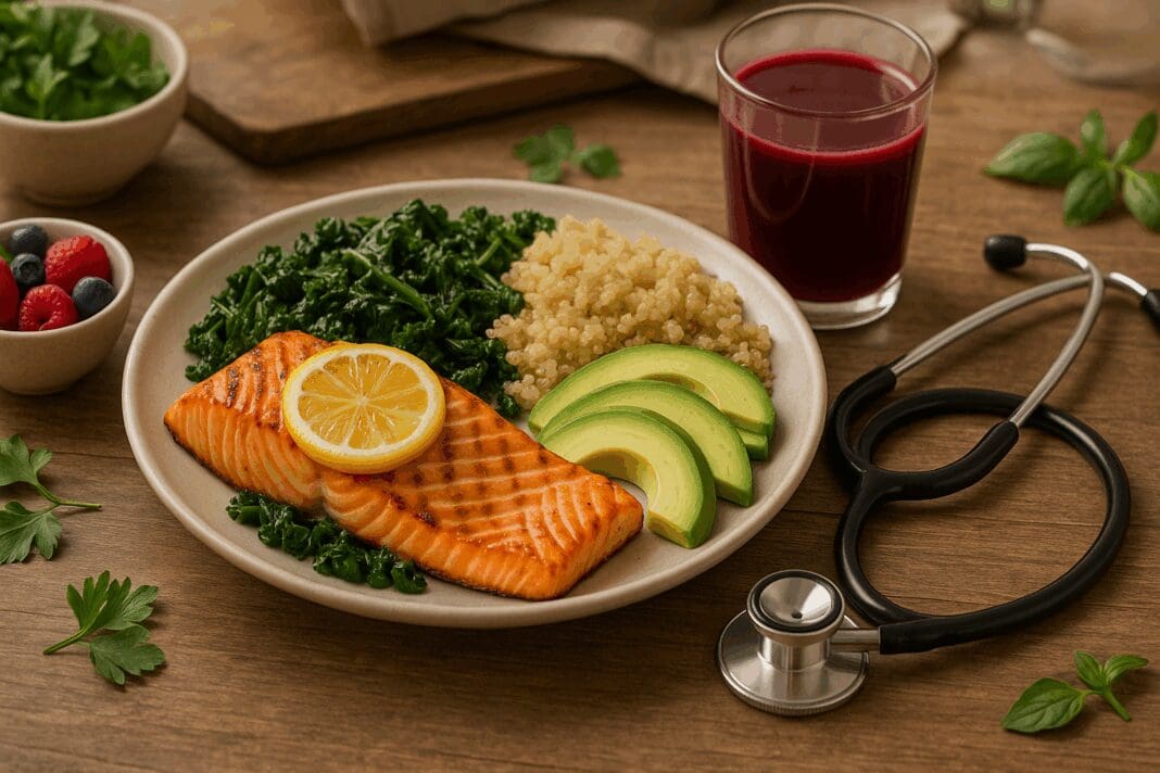 Grilled salmon, kale, quinoa, and avocado meal with berries and beet juice on a rustic table, symbolizing a heart failure diet.