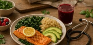 The Essential Heart Failure Diet: Expert Tips for Supporting Cardiac Health Through Nutrition Grilled salmon, kale, quinoa, and avocado meal with berries and beet juice on a rustic table, symbolizing a heart failure diet.