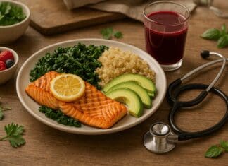 Grilled salmon, kale, quinoa, and avocado meal with berries and beet juice on a rustic table, symbolizing a heart failure diet.
