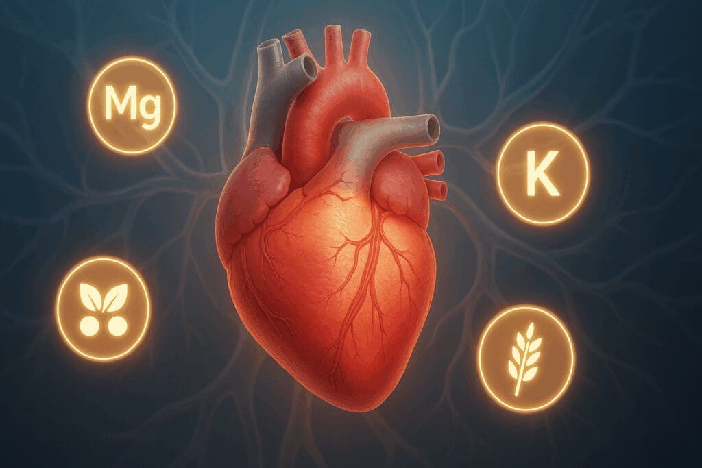 Anatomical heart surrounded by glowing nutrient symbols like magnesium, potassium, antioxidants, and fiber, representing a heart failure diet.