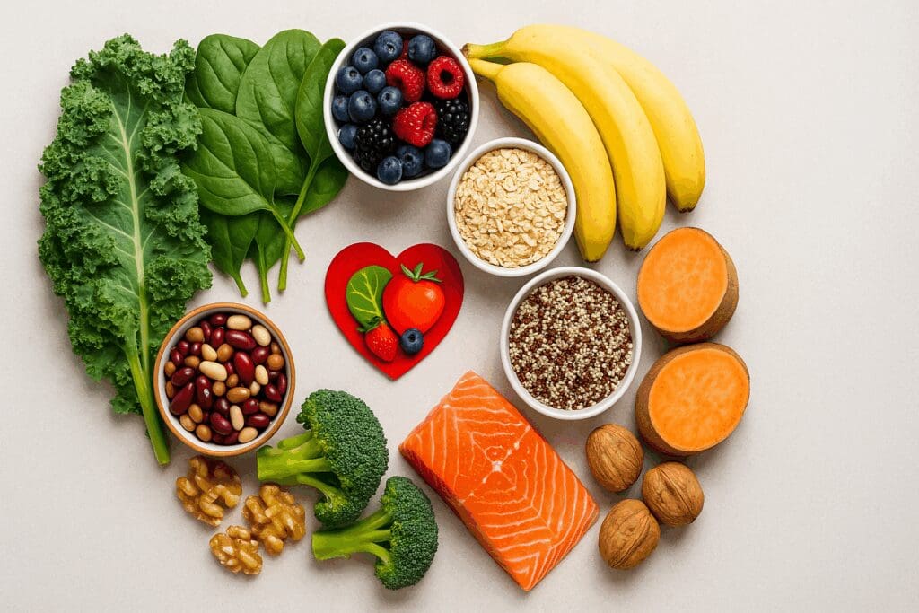 Top-down view of a heart failure diet with kale, spinach, berries, bananas, oats, quinoa, sweet potatoes, legumes, salmon, and walnuts arranged in a heart-shaped circle.