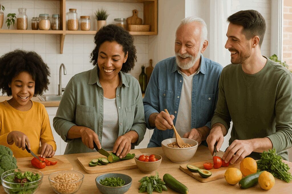 Diverse family meal prepping vegetables, beans, citrus fruits, and whole grains together in a kitchen to support a heart failure diet