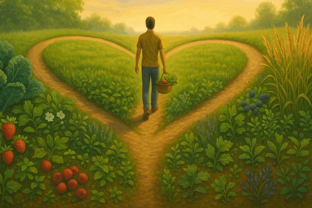 Person walking along a heart-shaped garden path surrounded by kale, berries, and grains, symbolizing commitment to a heart failure diet