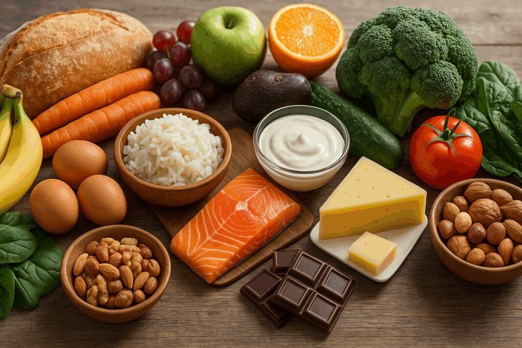 Diverse array of everyday foods on a rustic table showing what is it okay to eat for a balanced, healthy diet.