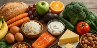 Diverse array of everyday foods on a rustic table showing what is it okay to eat for a balanced, healthy diet.