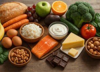 Diverse array of everyday foods on a rustic table showing what is it okay to eat for a balanced, healthy diet.